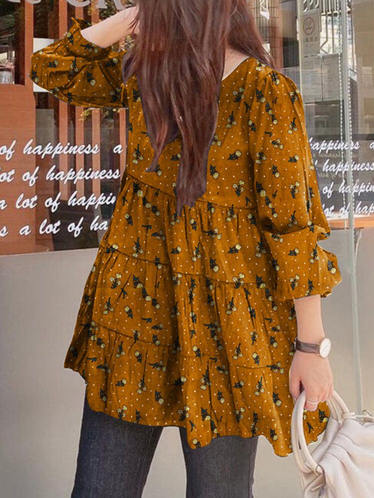 Blusa Plisada Vintage De Manga Larga Con Cuello Redondo Y Manga Abullonada Informal Para Mujer