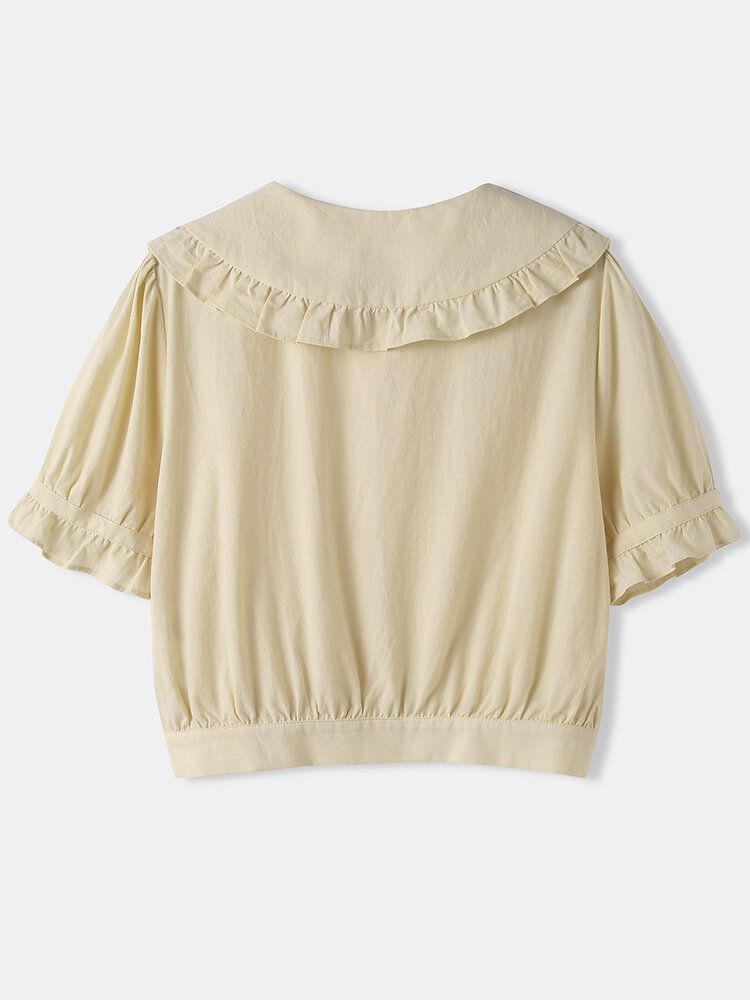 Blusa Recortada Elegante De Manga Corta Con Volantes Delanteros Y Botones De Solapa Lisa Para Mujer