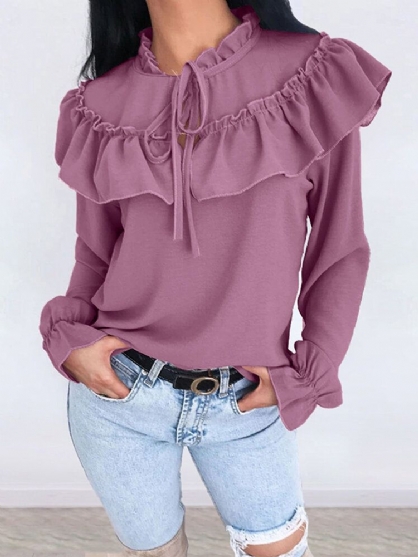 Blusa Salvaje Elegante Con Cuello Con Volantes Y Manga De Pétalo De Color Sólido Informal