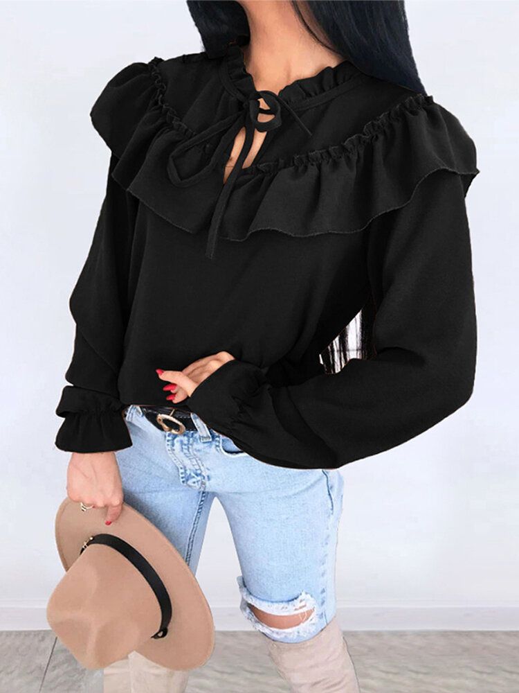 Blusa Salvaje Elegante Con Cuello Con Volantes Y Manga De Pétalo De Color Sólido Informal