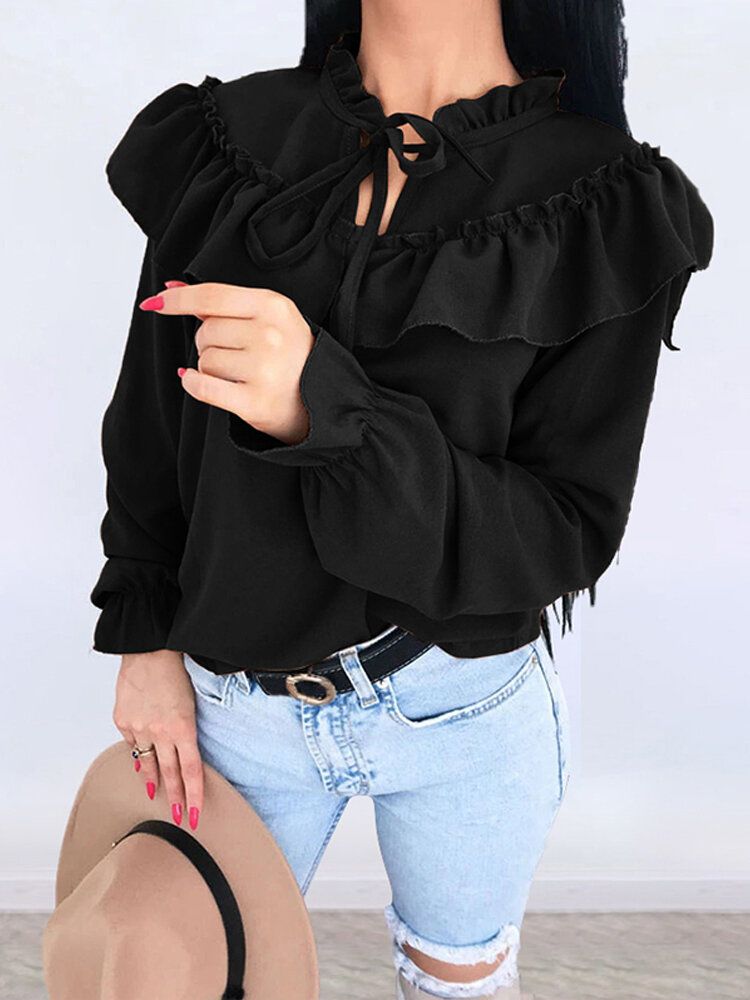 Blusa Salvaje Elegante Con Cuello Con Volantes Y Manga De Pétalo De Color Sólido Informal