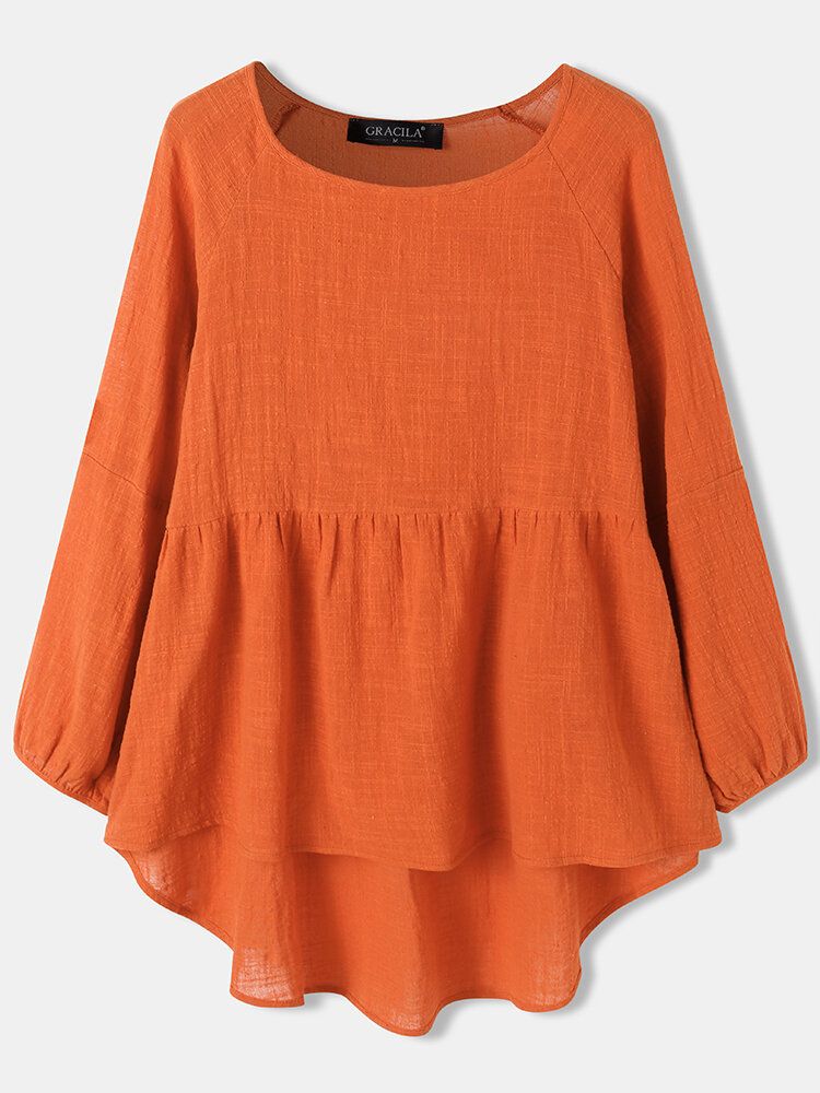 Blusa Simple De Algodón Con Cuello Redondo Y Manga Abullonada Con Volantes Y Volantes Para Mujer