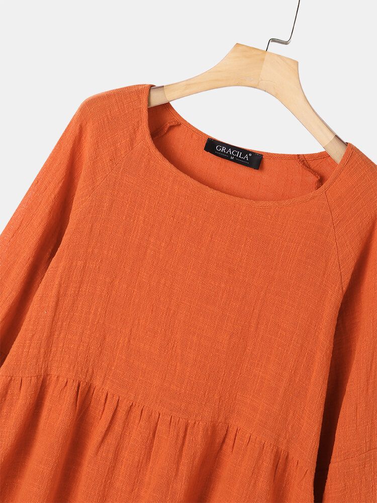 Blusa Simple De Algodón Con Cuello Redondo Y Manga Abullonada Con Volantes Y Volantes Para Mujer