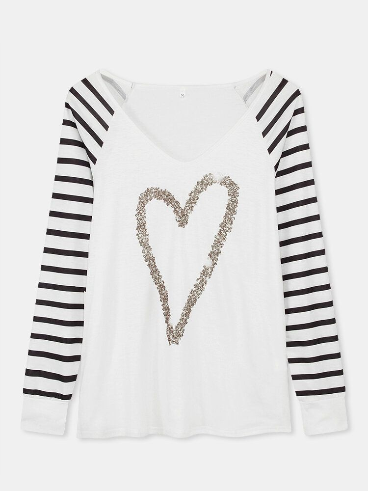 Blusa Simple Con Mangas Raglán Con Cuello En V Y Estampado De Corazones A Rayas Para Mujer