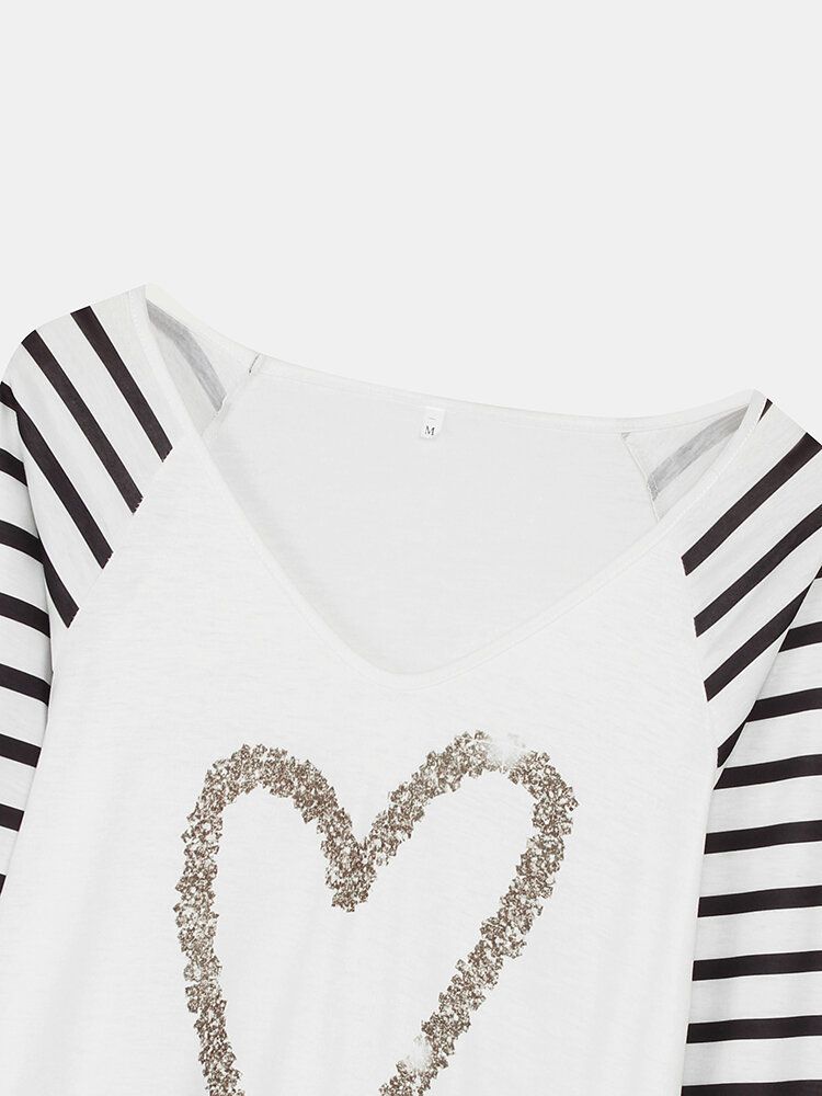 Blusa Simple Con Mangas Raglán Con Cuello En V Y Estampado De Corazones A Rayas Para Mujer