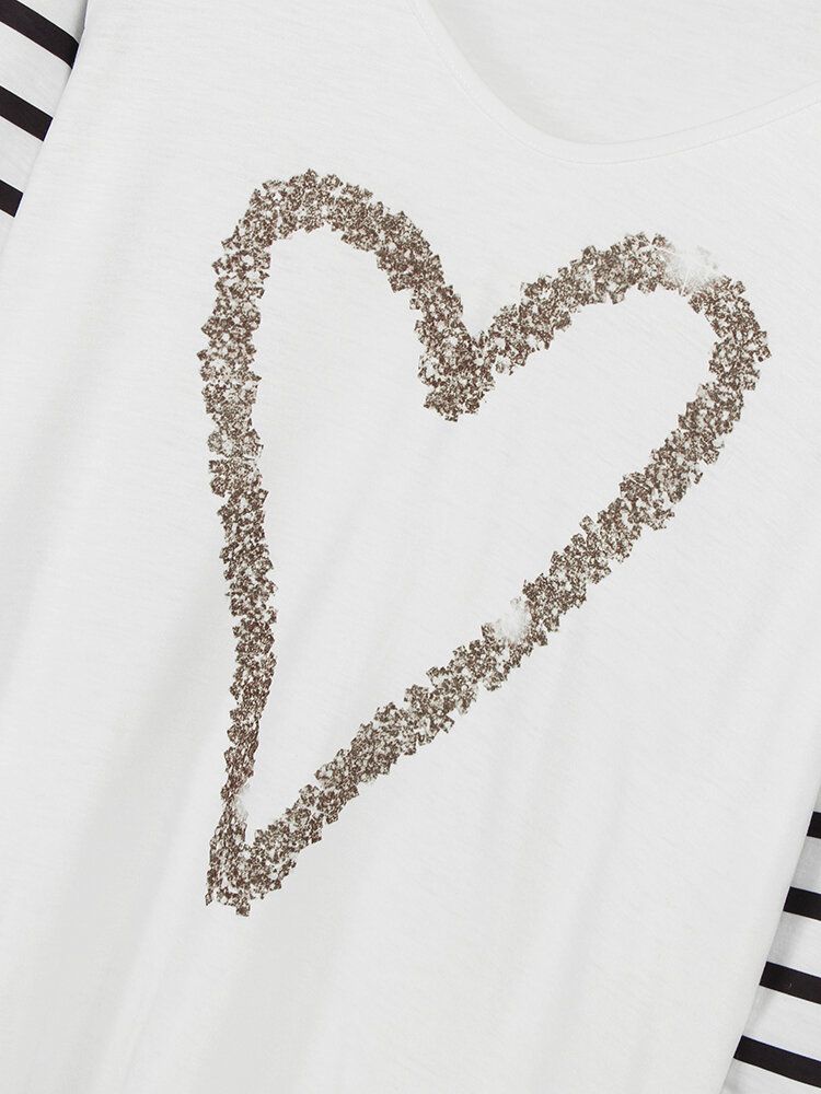 Blusa Simple Con Mangas Raglán Con Cuello En V Y Estampado De Corazones A Rayas Para Mujer