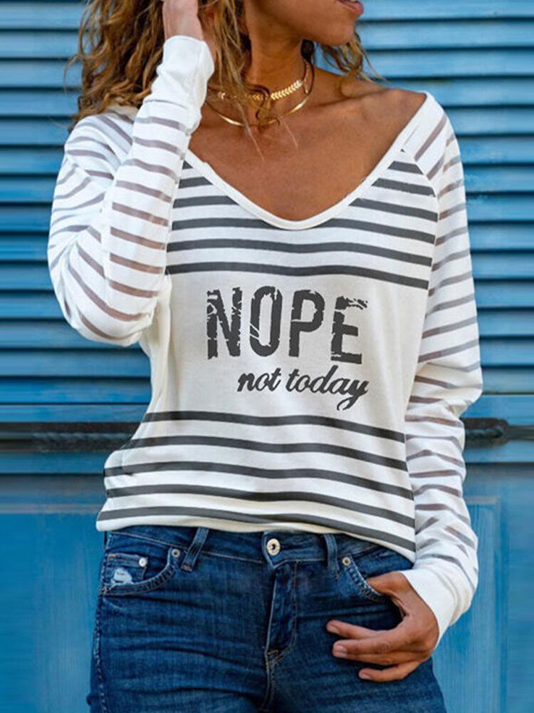 Blusa Simple Con Mangas Raglán Y Cuello En V Con Estampado De Rayas Y Letras Para Mujer