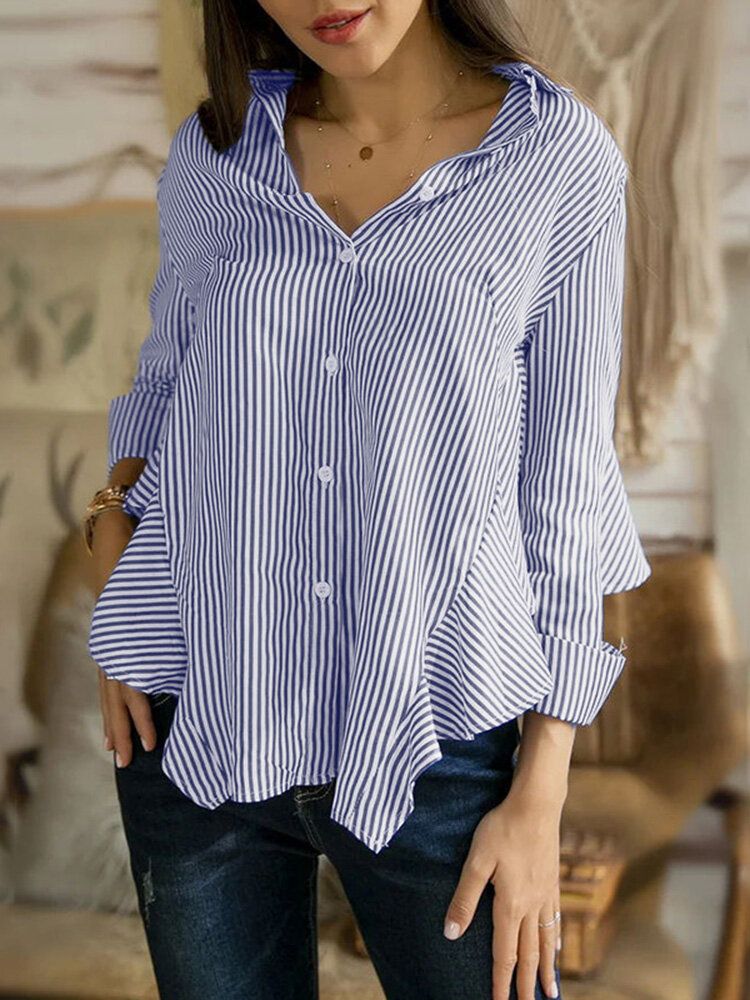 Blusa De Solapa Casual Con Volantes Y Dobladillo Alto Y Bajo Con Estampado De Rayas Para Mujer