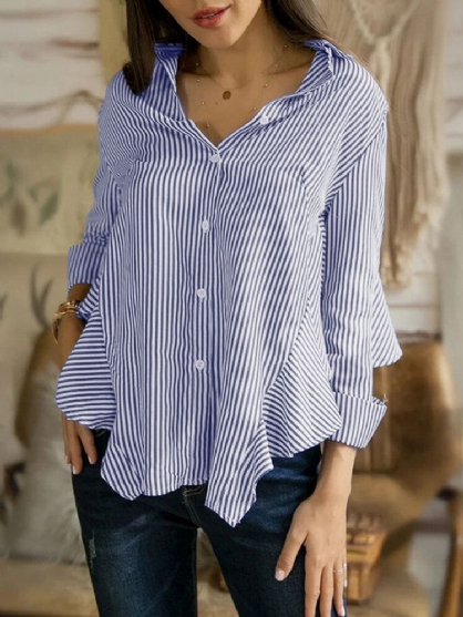 Blusa De Solapa Casual Con Volantes Y Dobladillo Alto Y Bajo Con Estampado De Rayas Para Mujer