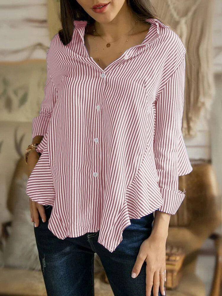 Blusa De Solapa Casual Con Volantes Y Dobladillo Alto Y Bajo Con Estampado De Rayas Para Mujer