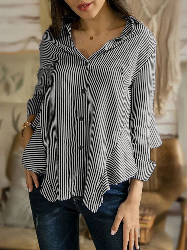 Blusa De Solapa Casual Con Volantes Y Dobladillo Alto Y Bajo Con Estampado De Rayas Para Mujer