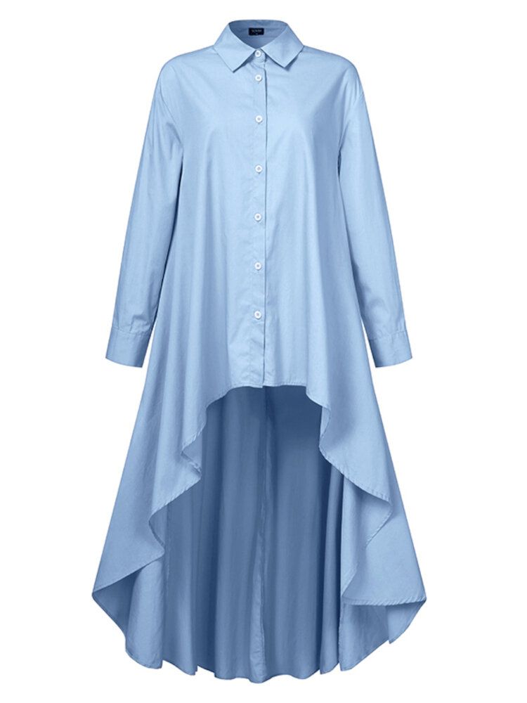 Blusa De Solapa Con Botones De Dobladillo Alto Y Bajo De Color Sólido Vestido De Camisa De Manga Larga Informal Para Mujer