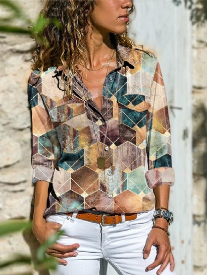 Blusa De Solapa De Manga Larga Estampada Geométrica Con Bloques De Color Para Mujer