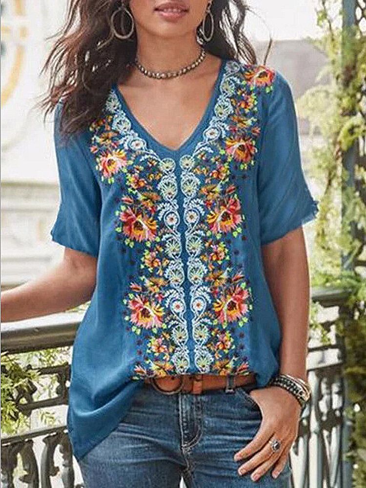 Blusa Suelta Informal Bohemia De Manga Corta Con Cuello En V Y Estampado Floral Étnico