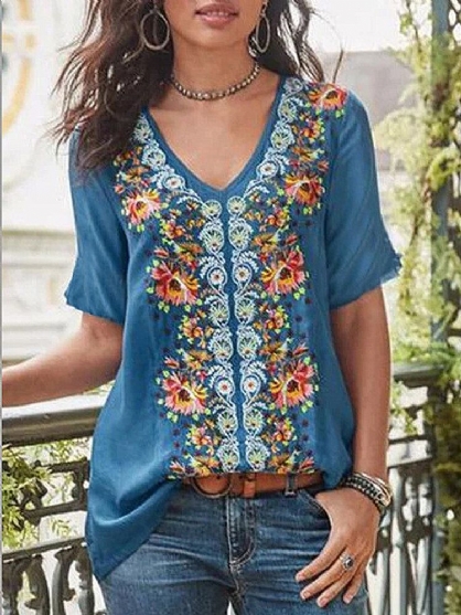 Blusa Suelta Informal Bohemia De Manga Corta Con Cuello En V Y Estampado Floral Étnico