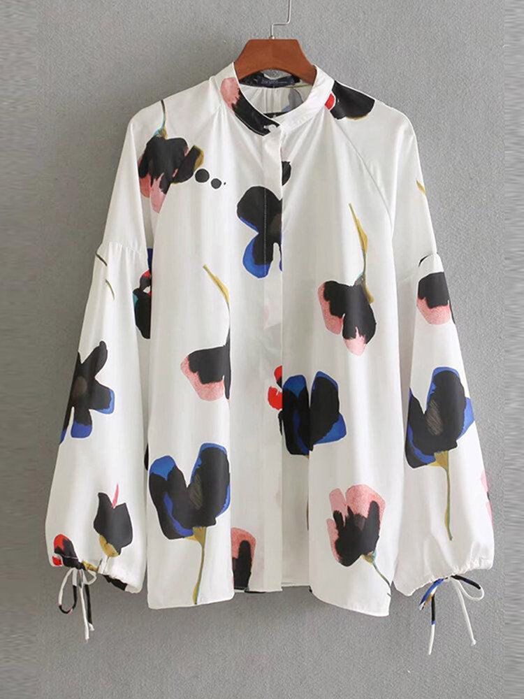 Blusa Suelta Informal De Manga Larga Con Puños Con Cordón Y Estampado Floral Para Mujer