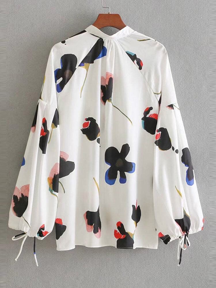 Blusa Suelta Informal De Manga Larga Con Puños Con Cordón Y Estampado Floral Para Mujer