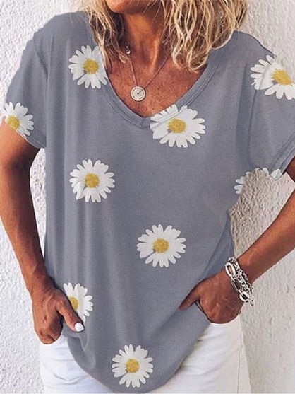 Blusa Suelta De Manga Corta Con Cuello En V Y Estampado De Margaritas Para Mujer