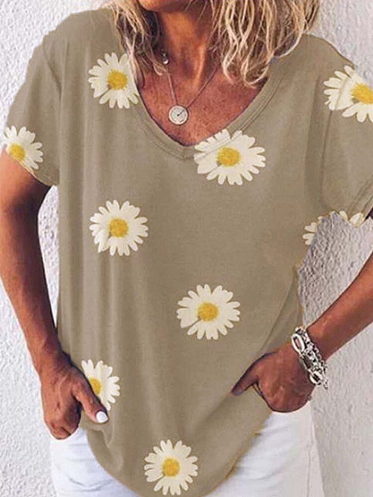 Blusa Suelta De Manga Corta Con Cuello En V Y Estampado De Margaritas Para Mujer