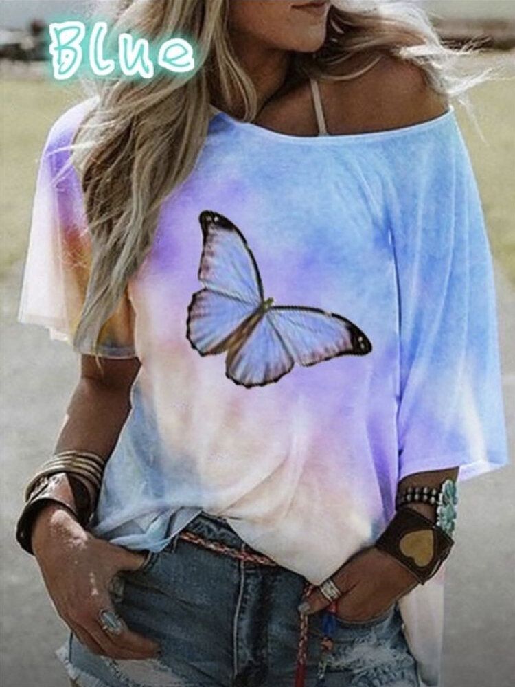 Blusa Suelta De Moda De Media Manga Con Estampado De Mariposa Informal Para Mujer