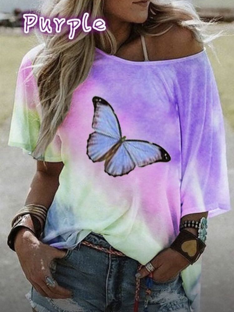 Blusa Suelta De Moda De Media Manga Con Estampado De Mariposa Informal Para Mujer