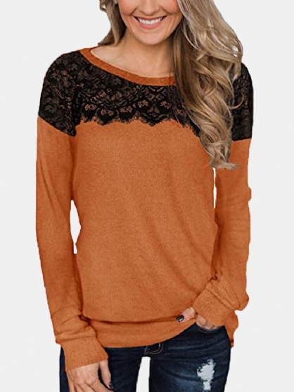 Blusa De Talla Grande Informal De Manga Larga Con Cuello Redondo Y Retazos De Encaje Para Mujer