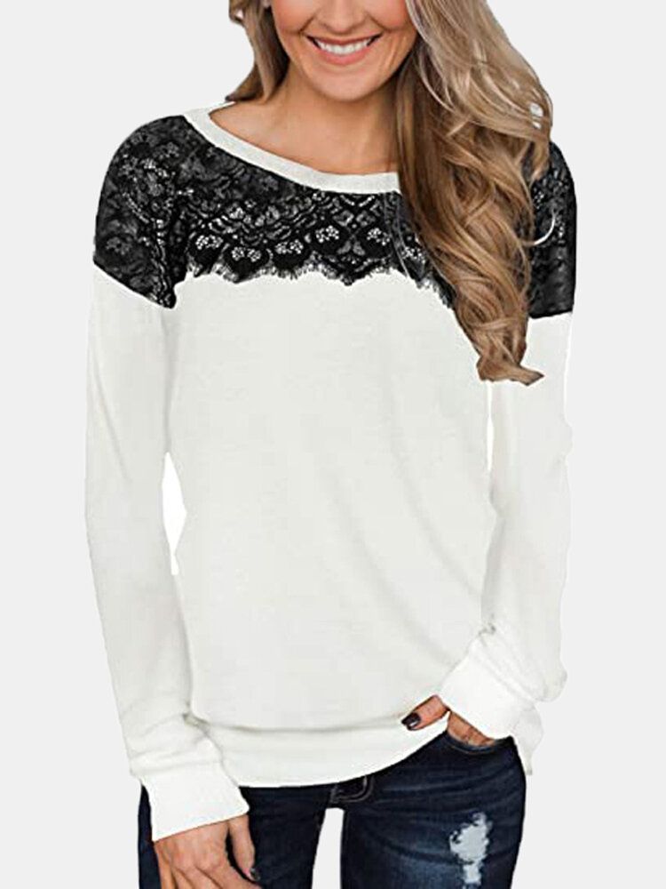 Blusa De Talla Grande Informal De Manga Larga Con Cuello Redondo Y Retazos De Encaje Para Mujer