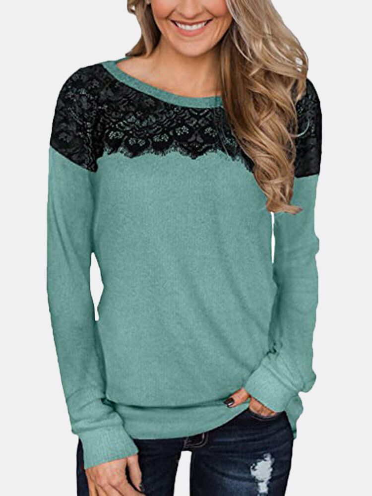 Blusa De Talla Grande Informal De Manga Larga Con Cuello Redondo Y Retazos De Encaje Para Mujer