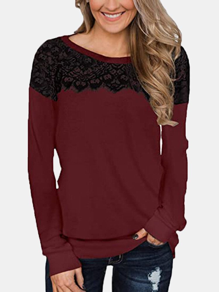 Blusa De Talla Grande Informal De Manga Larga Con Cuello Redondo Y Retazos De Encaje Para Mujer