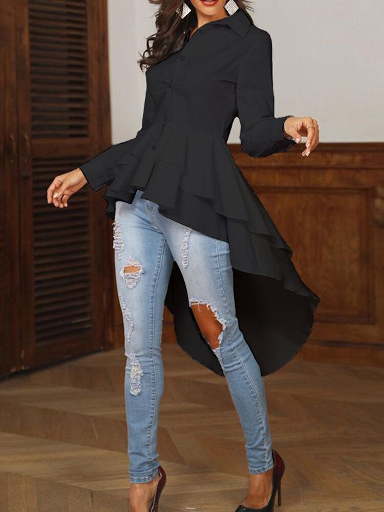 Blusa De Volantes Con Dobladillo Alto Y Bajo Informal De Solapa Suelta Para Mujer