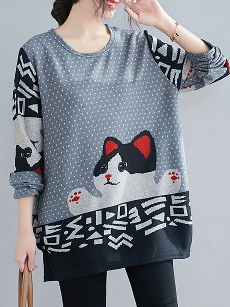 Blusas De Ajuste Relajado De Manga Larga Con Cuello Redondo Y Estampado De Gato De Dibujos Animados Para Mujer