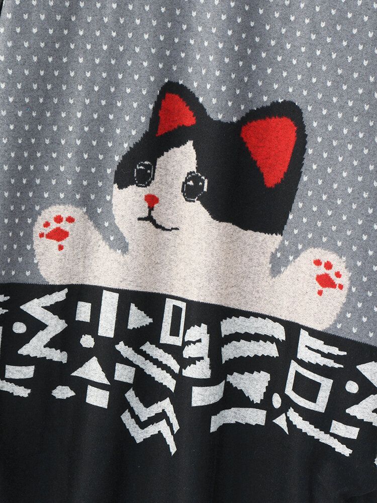 Blusas De Ajuste Relajado De Manga Larga Con Cuello Redondo Y Estampado De Gato De Dibujos Animados Para Mujer