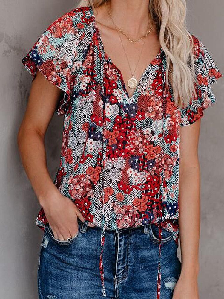 Blusas Casuales De Manga Corta Con Volantes Con Cuello En V Y Estampado Floral De Colores Para Mujer