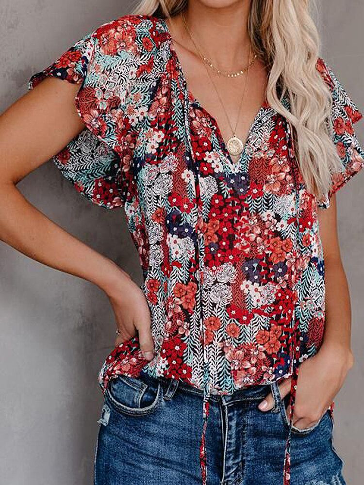 Blusas Casuales De Manga Corta Con Volantes Con Cuello En V Y Estampado Floral De Colores Para Mujer