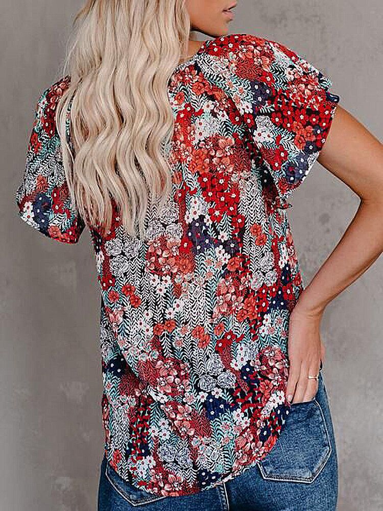 Blusas Casuales De Manga Corta Con Volantes Con Cuello En V Y Estampado Floral De Colores Para Mujer