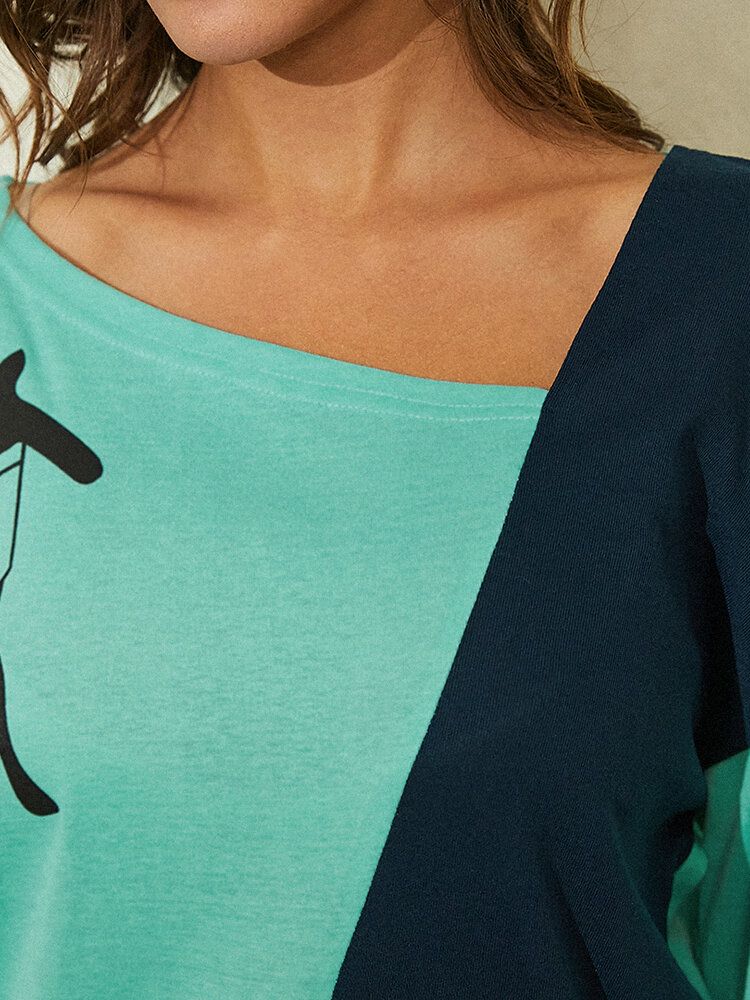 Blusas Casuales De Manga Larga Con Cuello Irregular Y Costura Con Estampado De Gato Para Mujer