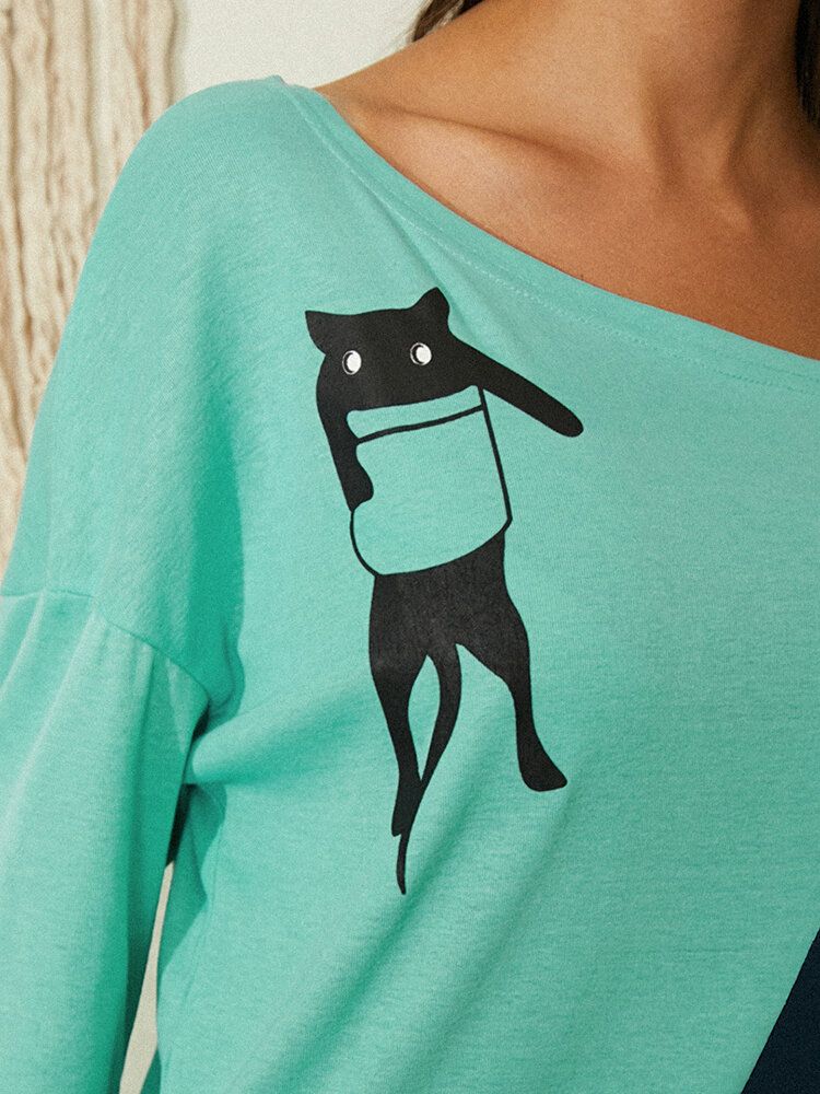 Blusas Casuales De Manga Larga Con Cuello Irregular Y Costura Con Estampado De Gato Para Mujer