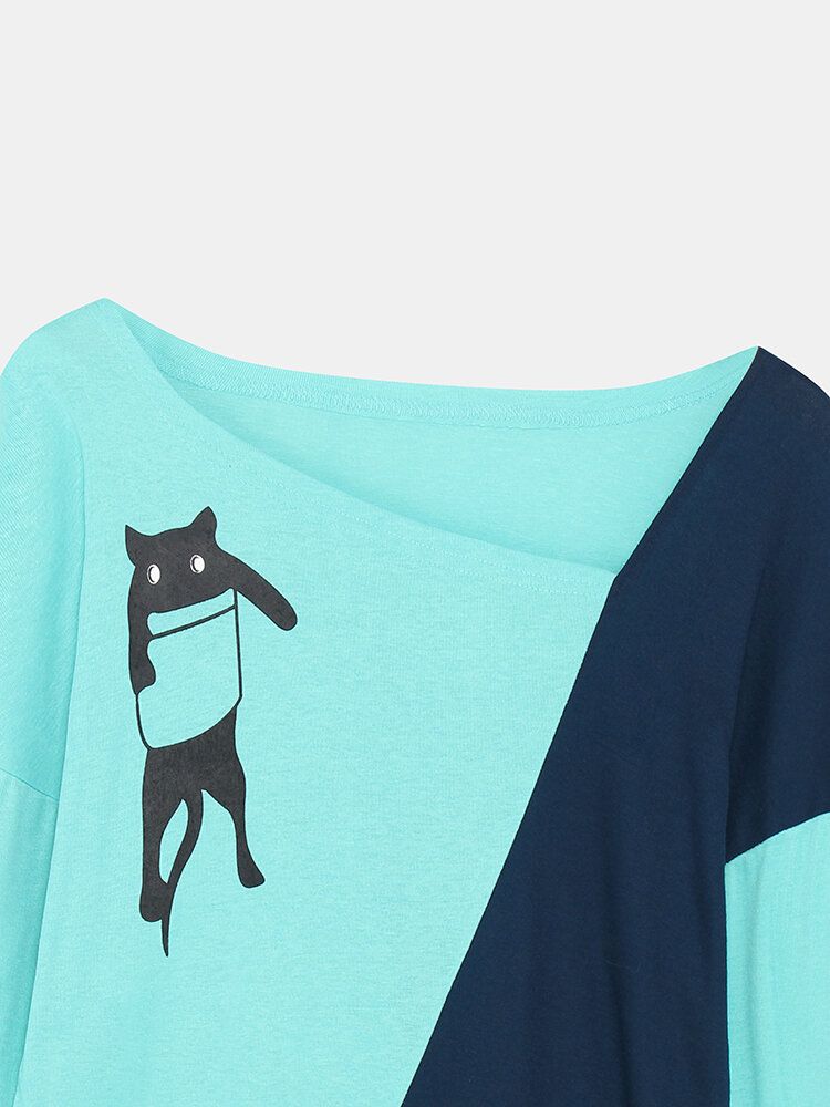 Blusas Casuales De Manga Larga Con Cuello Irregular Y Costura Con Estampado De Gato Para Mujer