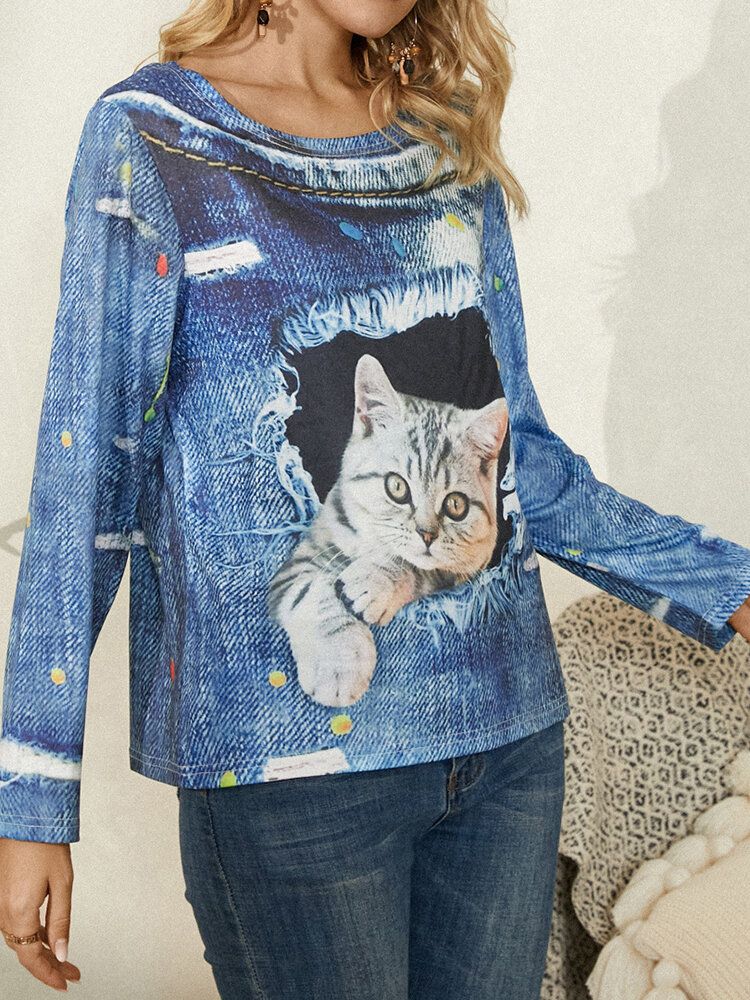 Blusas Casuales De Manga Larga Con Cuello Redondo Y Estampado De Gato Para Mujer