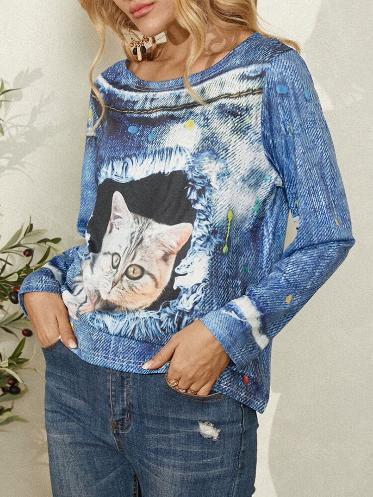 Blusas Casuales De Manga Larga Con Cuello Redondo Y Estampado De Gato Para Mujer