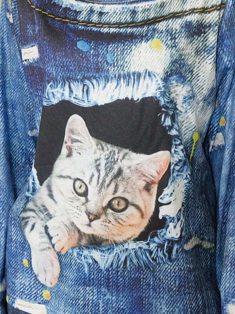 Blusas Casuales De Manga Larga Con Cuello Redondo Y Estampado De Gato Para Mujer