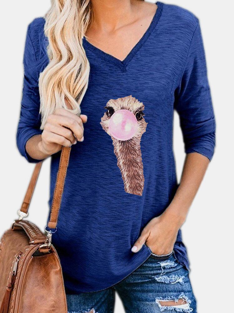 Blusas Casuales De Manga Larga Con Cuello En V Y Estampado De Animales De Avestruz Lindo Para Mujer