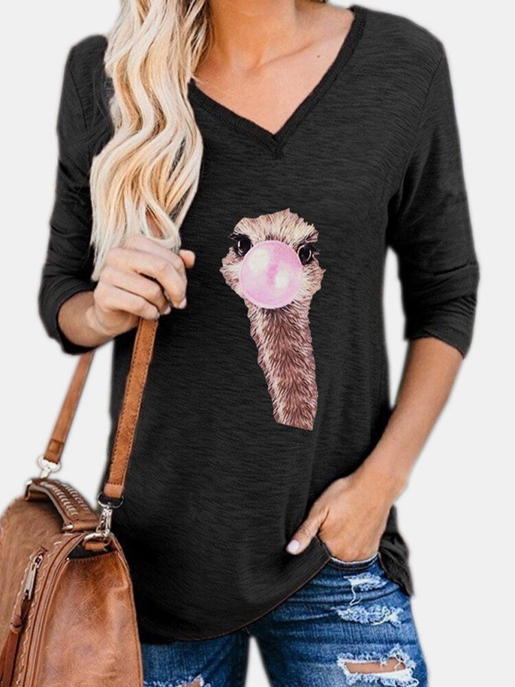 Blusas Casuales De Manga Larga Con Cuello En V Y Estampado De Animales De Avestruz Lindo Para Mujer