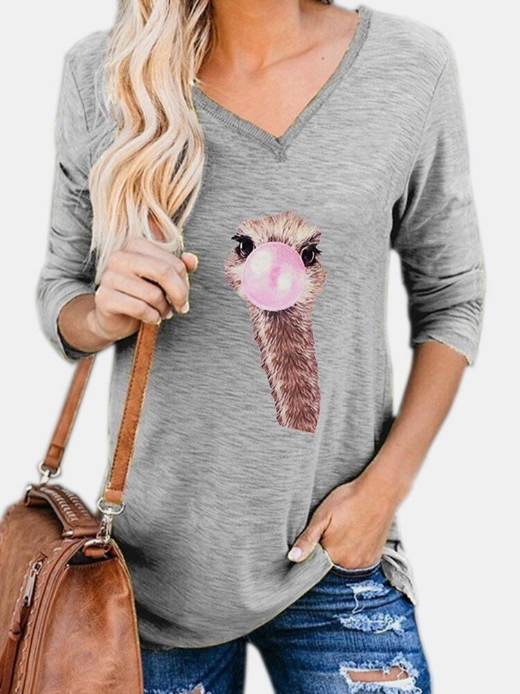 Blusas Casuales De Manga Larga Con Cuello En V Y Estampado De Animales De Avestruz Lindo Para Mujer