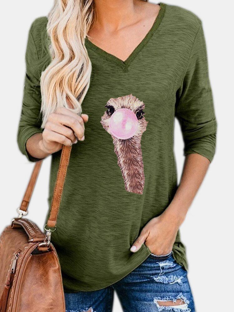 Blusas Casuales De Manga Larga Con Cuello En V Y Estampado De Animales De Avestruz Lindo Para Mujer