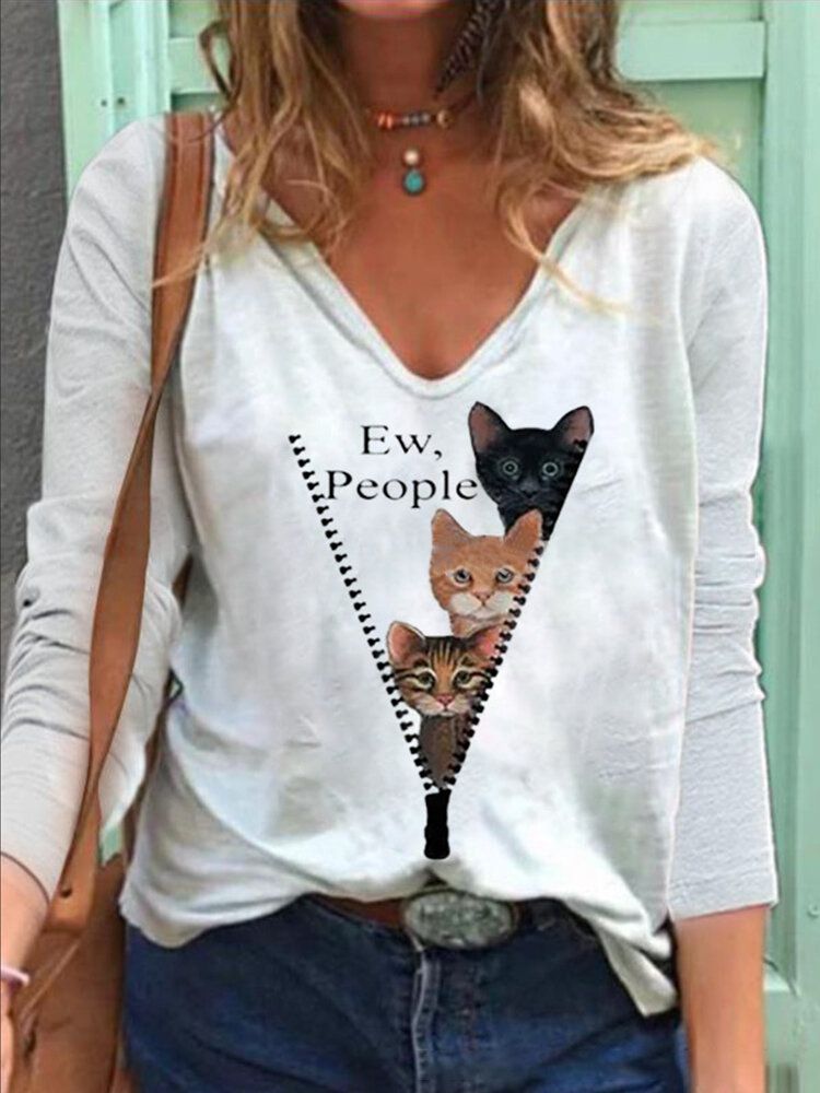 Blusas Casuales De Manga Larga Con Cuello En V Y Estampado De Letras De Gato De Dibujos Animados Para Mujer