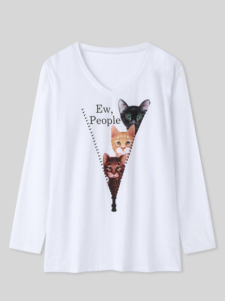 Blusas Casuales De Manga Larga Con Cuello En V Y Estampado De Letras De Gato De Dibujos Animados Para Mujer