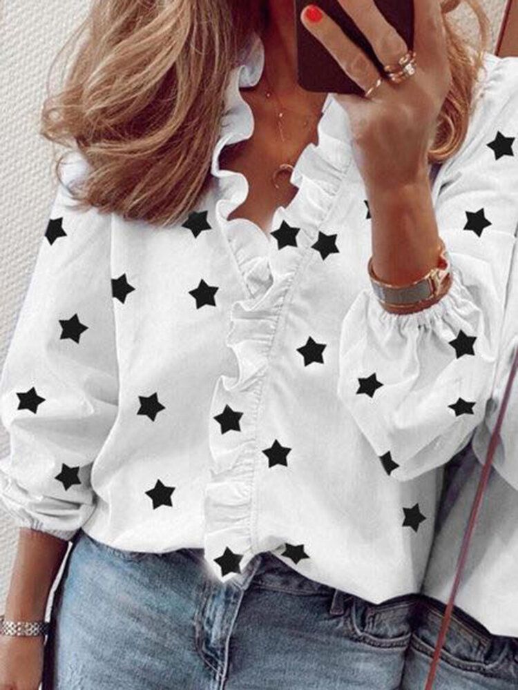 Blusas Casuales De Manga Larga Con Cuello En V Y Volantes Con Estampado De Estrellas Para Mujer