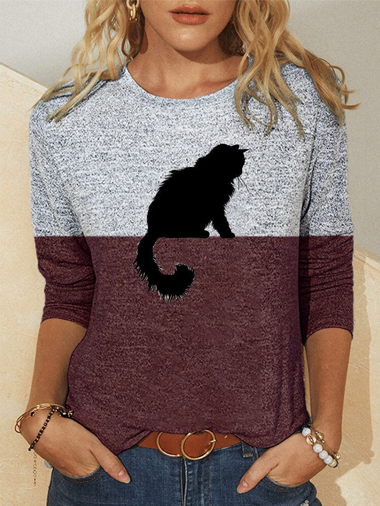 Blusas Casuales De Manga Larga Con Estampado De Gato Lindo Para Mujer