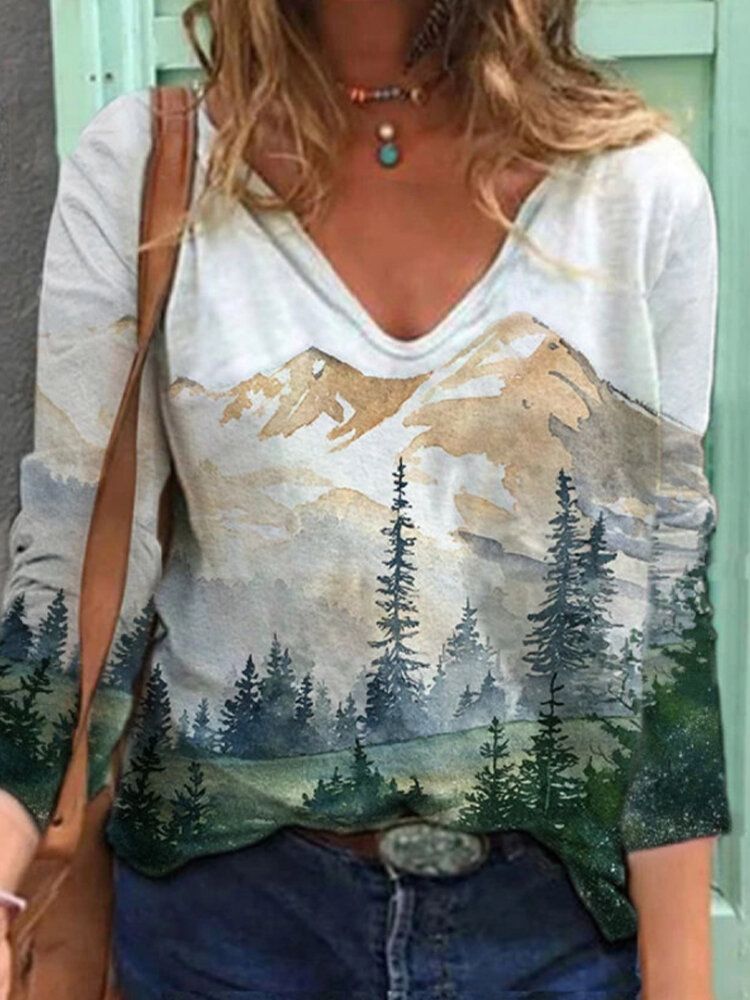 Blusas Con Diseño De Impresión De Ilustración De Arte De Paisaje Con Cuello En V Para Mujer